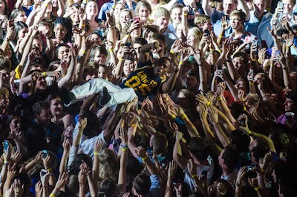 B.o.B crowd surfs during his performance at the Auburn Airwaves concert Thursday, April 24.