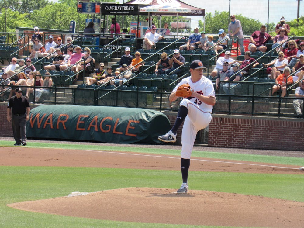<p>Richard Fitts (43) pitching for Auburn against Texas A&amp;M on May 15, 2021 at Plainsman Park; Auburn, AL</p>