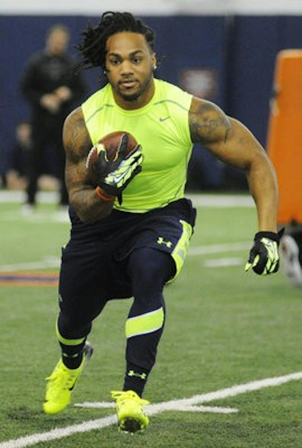 Tre Mason performs a drill for NFL scouts at Auburn's Pro Day. (Contributed by Zach Bland)