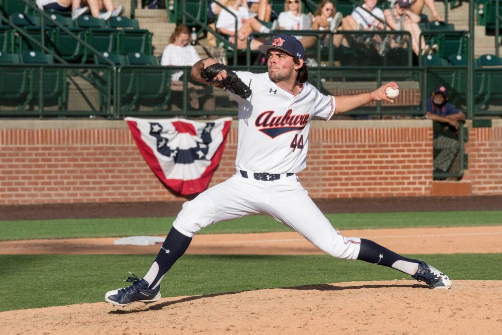 Jack Owen (44) pitches the ball&nbsp;during Auburn Baseball vs. Longwood on Saturday, Feb. 17, 2018, at Plainsman Park in Auburn, Ala.