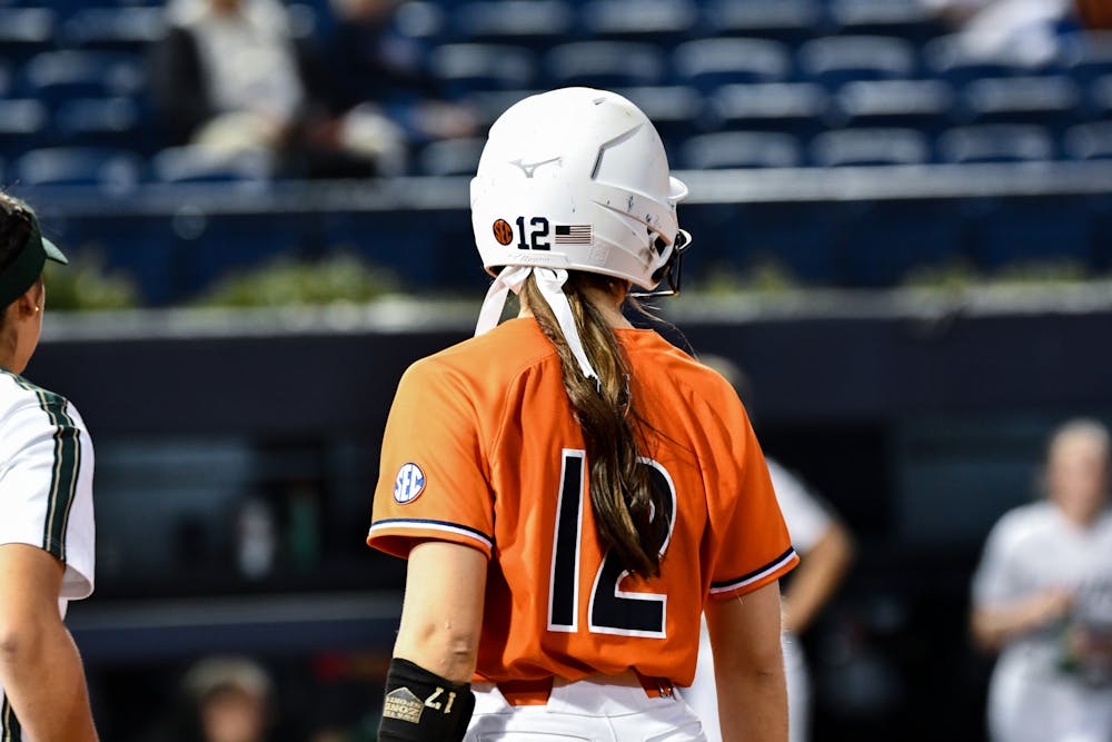 Auburn softball player Carlee McCondichie (12) in the outfield during game against the UAB Blazers in Jane B. Moore Field on February 22, 2023.