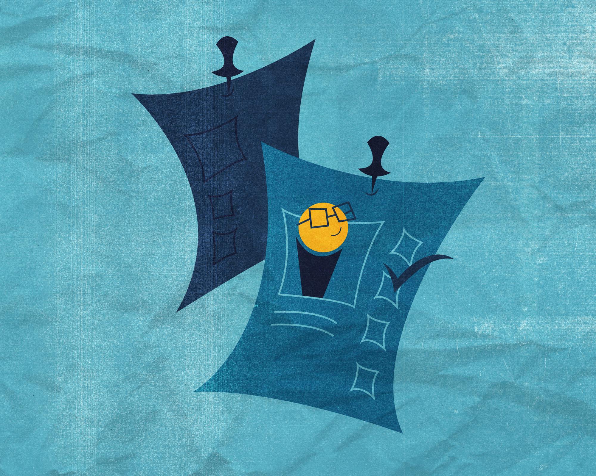 Two blue sheets of paper are pinned together, featuring a yellow smiley face with glasses and checkboxes.