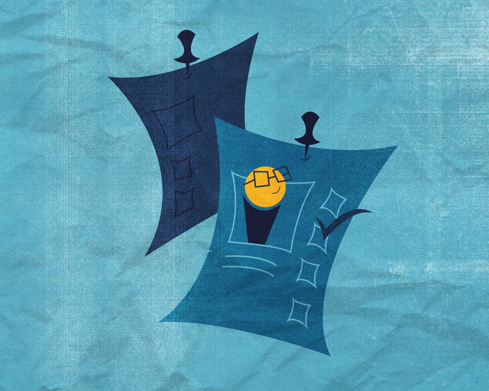 <p>Two blue sheets of paper are pinned together, featuring a yellow smiley face with glasses and checkboxes.</p>
