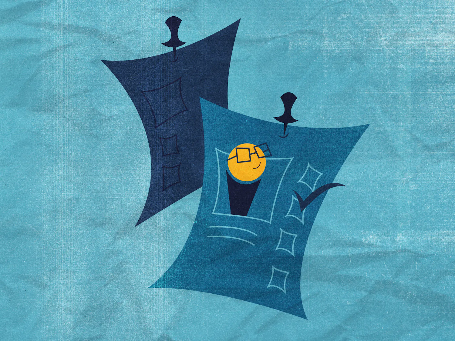 Two blue sheets of paper are pinned together, featuring a yellow smiley face with glasses and checkboxes.