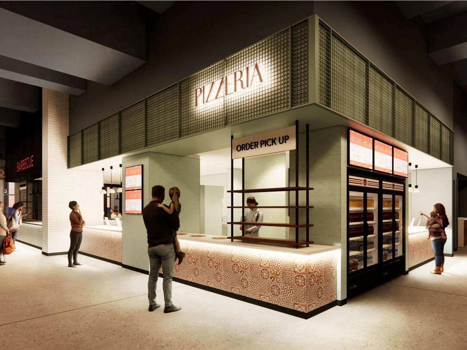 A brightly lit food court features a pizzeria with an "ORDER PICK UP" sign, surrounded by people waiting in line.