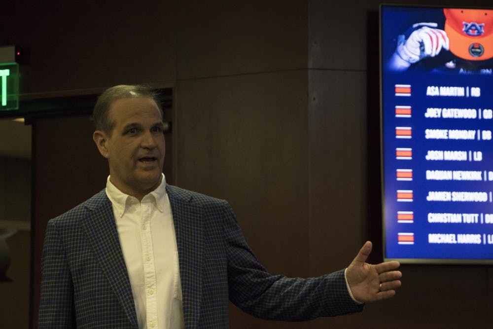 <p>Auburn football defensive coordinator Kevin Steele makes an appearance before head coach Gus Malzahn's press conference on National Signing Day, Feb. 7, 2018.</p>