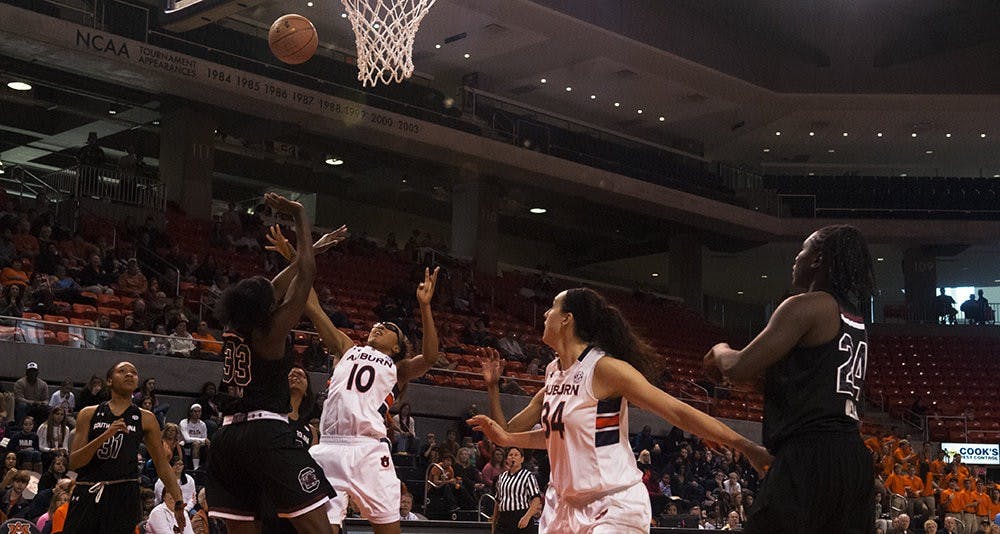 Auburn's Brandy Montgomery (10) shoots the ball against South Carolina, Jan. 12, 2014. (Zach Bland / Assistant Photo Editor)