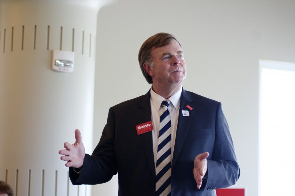 <p>Alabama governor candidate Tommy Battle visits Auburn Airport for a rally on Tuesday, June 5, 2018 in Auburn, Ala.</p>