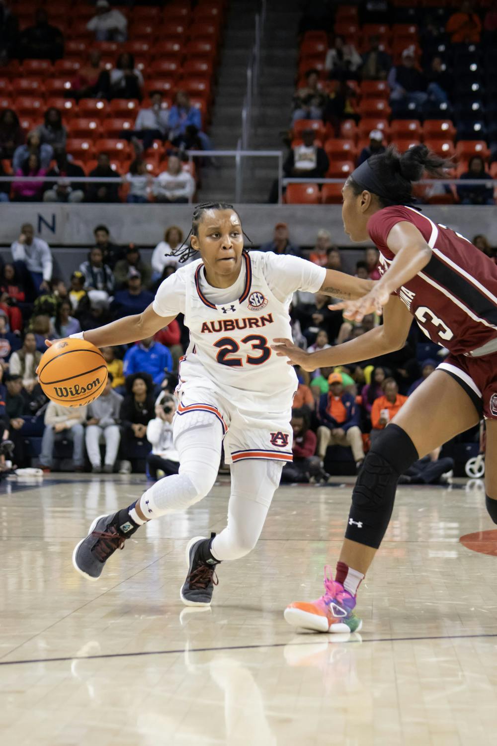 <p>Honesty Scott-Grayson (#23) dribbles down the court versus South Carolina in Neville Arena on February 1st, 2024.</p>