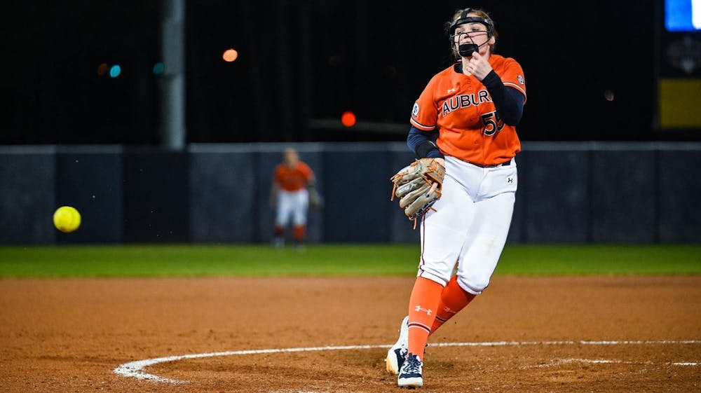 <p>February 11, 2022; Shelby Lowe (55) pitches the ball against Seton Hall from Jane B. Moore Field in Auburn, Alabama.</p>