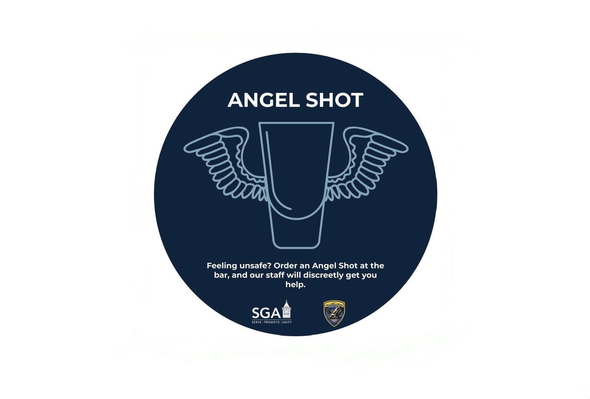 A circular graphic features a shot glass with wings, alongside text promoting an “Angel Shot” for discreet help if feeling unsafe.