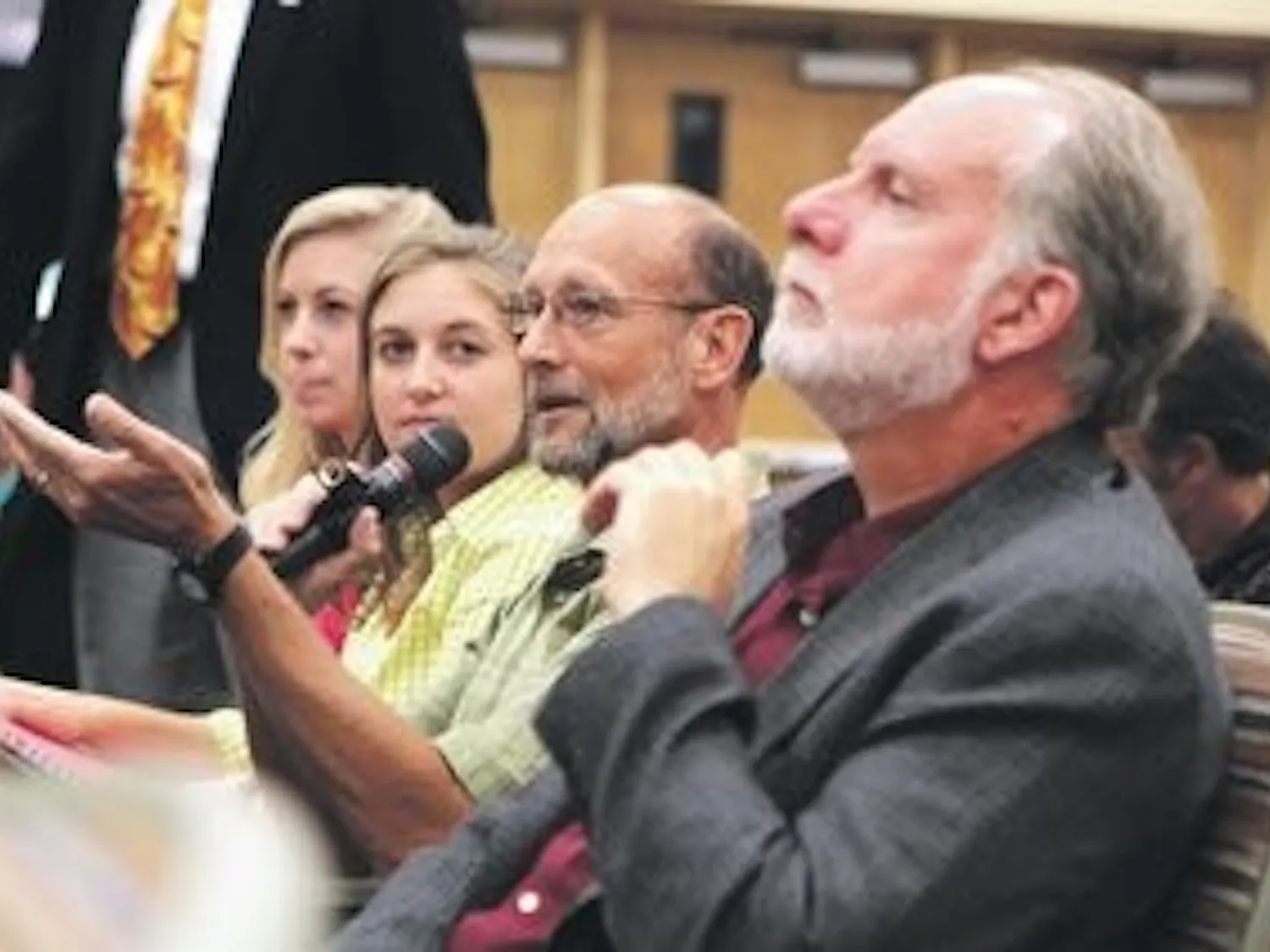 Geology professor Mark Steltenpohl spoke at the forum for the Central Classroom Facility Monday, Oct. 8. (Rebecca Croomes / PHOTO EDITOR)