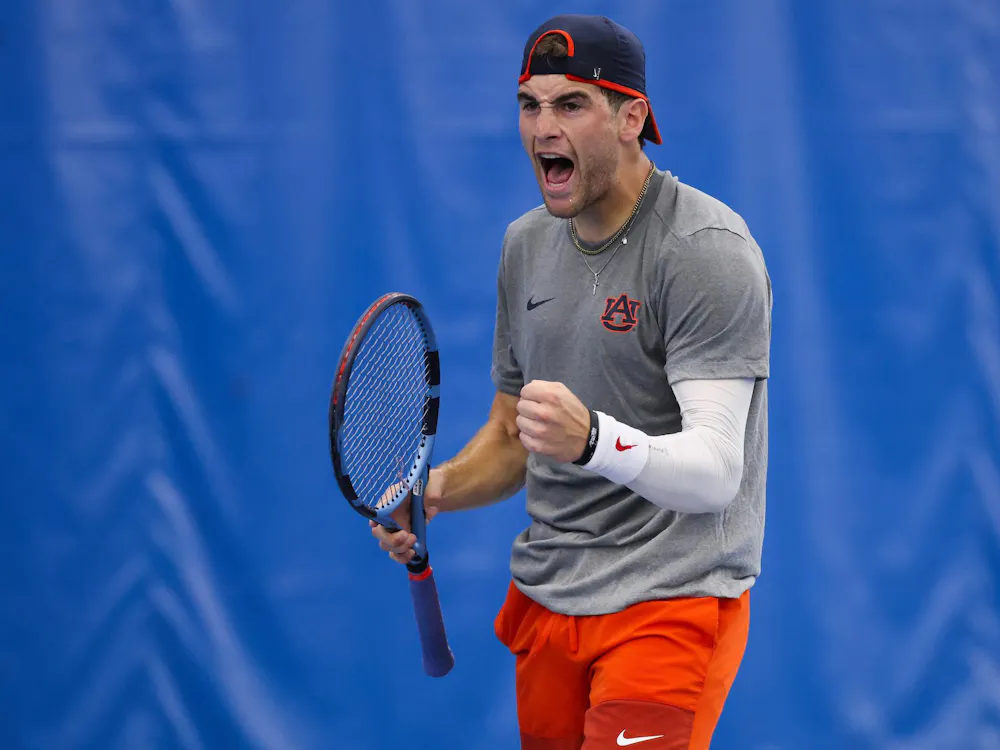 AUBURN, ALA. - MARCH 08 - Auburn’s Joey Phillips during the match between the #19 Auburn Tigers and the Alabama Crimson Tide at Yarbrough Tennis Center in Auburn, AL on Sunday, March 8, 2026. Photo by David Gray/Auburn Tigers