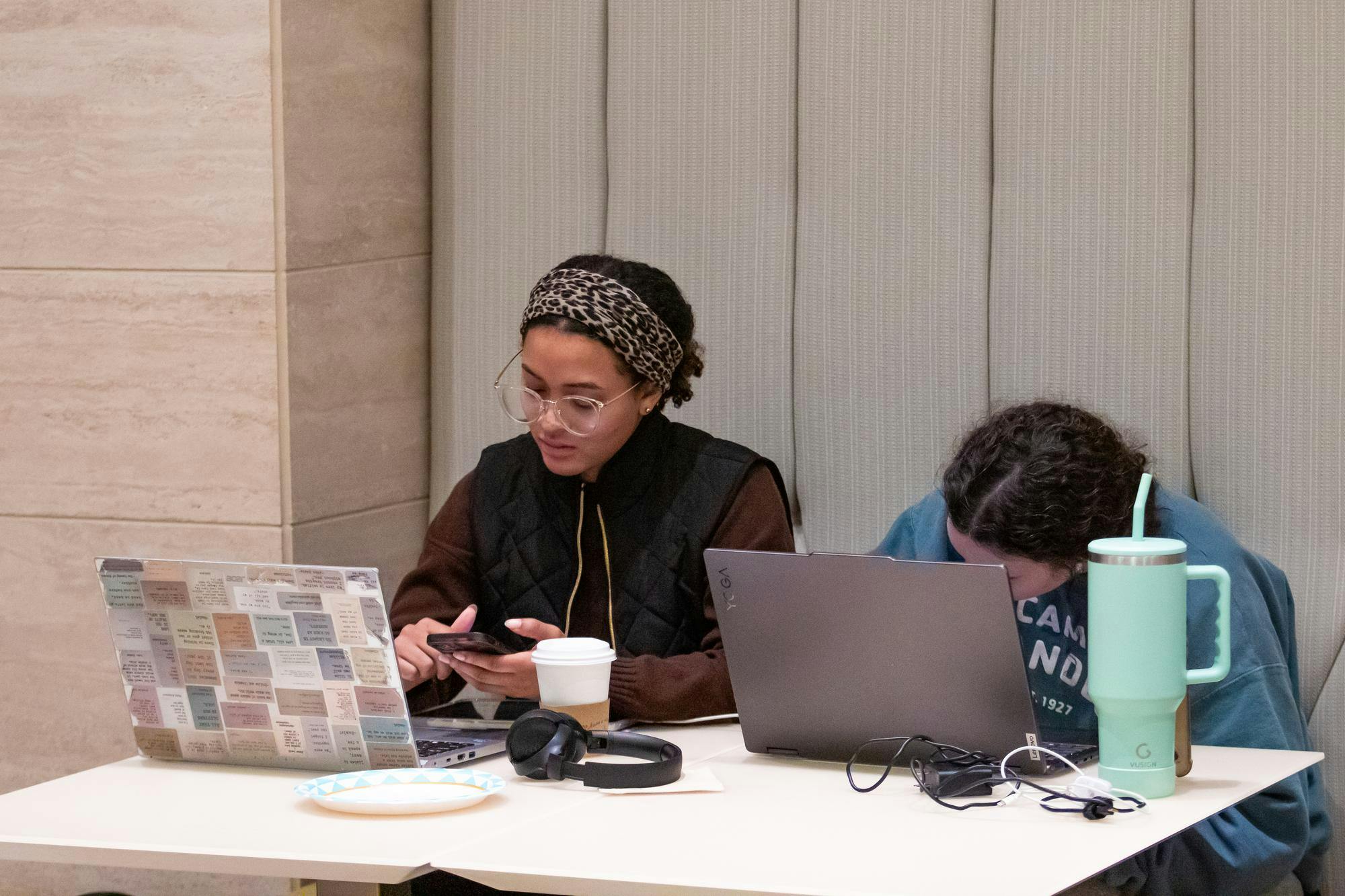 Two students are studying at The Jule Collins Smith Museum of Art in Auburn, Ala. during the study day event they hosted on Dec. 6, 2025.