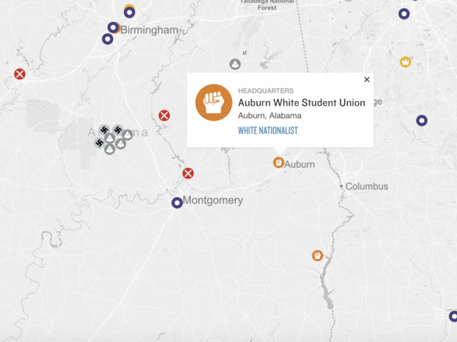 The Auburn White Student Union has been listed as a hate group on the SPLC's Hate Map.