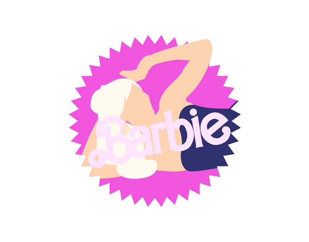 <p>Silhouette of poster centerpiece for the 2023 Barbie film featuring a lounging Margot Robbie behind the film's title.</p>