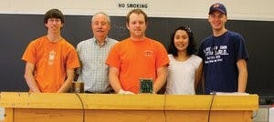 Pictured from left to right, Kyle Owen, Dr. J.M. Wersinger, Andrew Slaughter, Rebecca Lin and Ian Locklar, are part of the group of students who built AubieSat1. (Courtesy of Kyle Owen)
