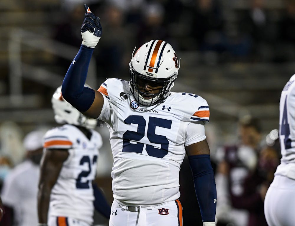 Oct 3, 2020; Starkville, Mississippi, USA; Colby Wooden (25) reacts after play during the game between Auburn and Mississippi State at Davis Wade Stadium. Mandatory Credit: Todd Van Emst/AU Athletics