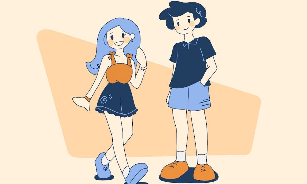 Male and female in orange and blue outfits.