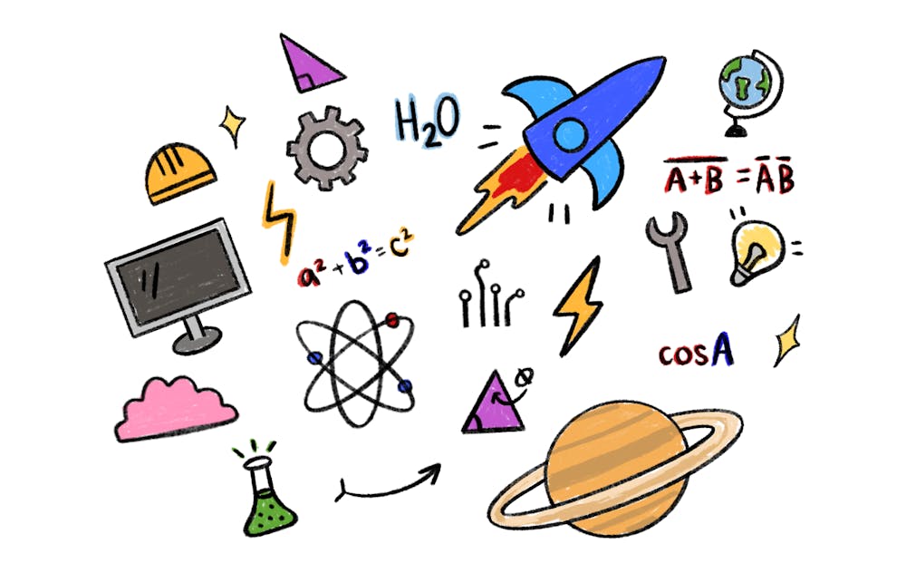 <p>An illustration of colorful symbols representing STEM fields.</p>