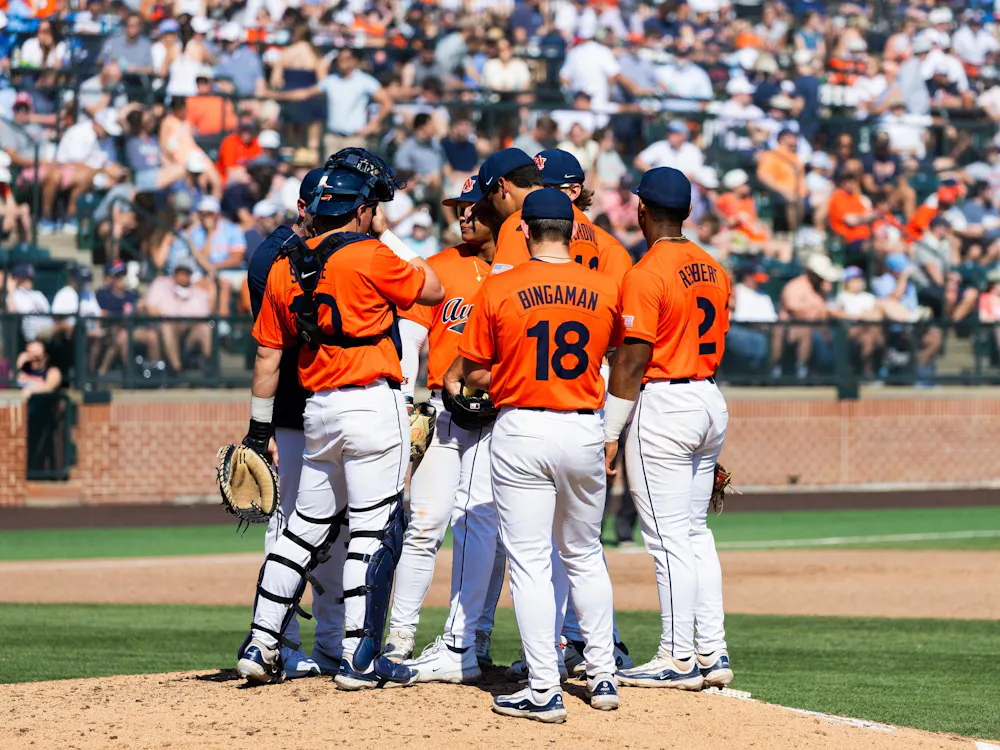 A mound visit during Auburn against Texas on March. 22, 2026.