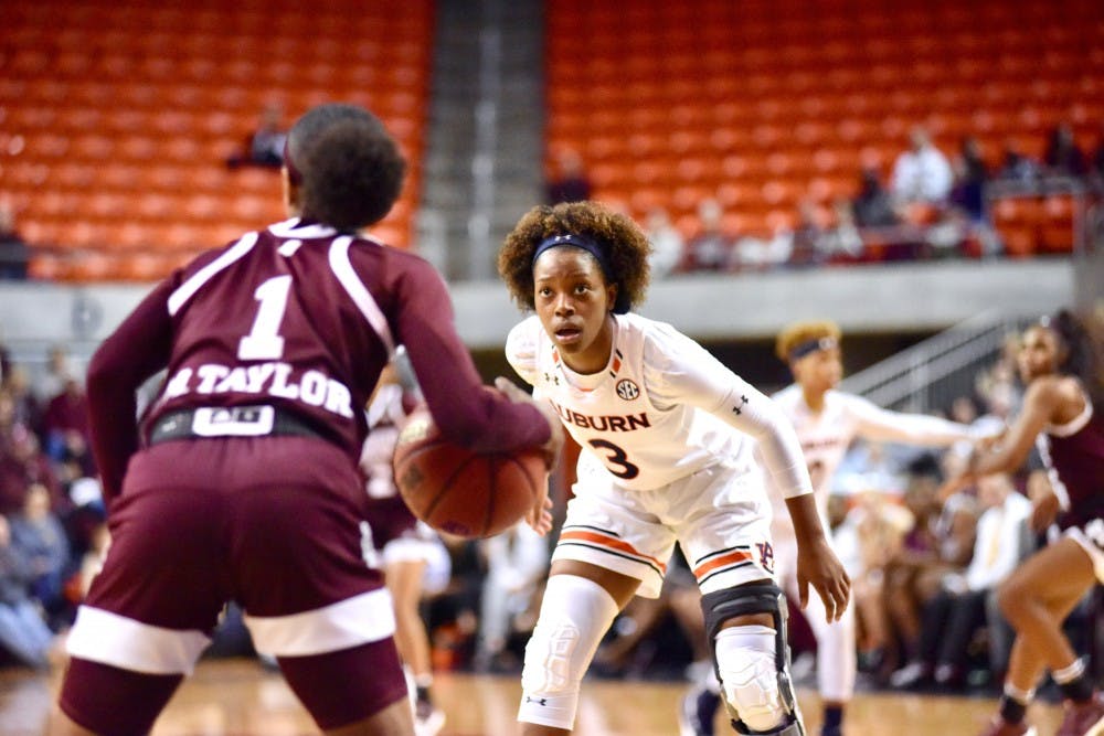 Erica Sanders (3) on defense during Auburn Women's Basketball vs. Mississippi State on Monday, Jan. 14, 2019, in Auburn, Ala.