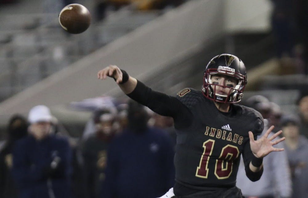 <p>Pinson Valley's Bo Nix (10) throws a pass during the first half of the AHSAA Class 6A state championship game between Pinson Valley and Wetumpka at Bryant-Denny Stadium in Tuscaloosa on Friday, Dec. 8, 2017.   [Staff Photo/Erin Nelson - TideSports.com]</p>