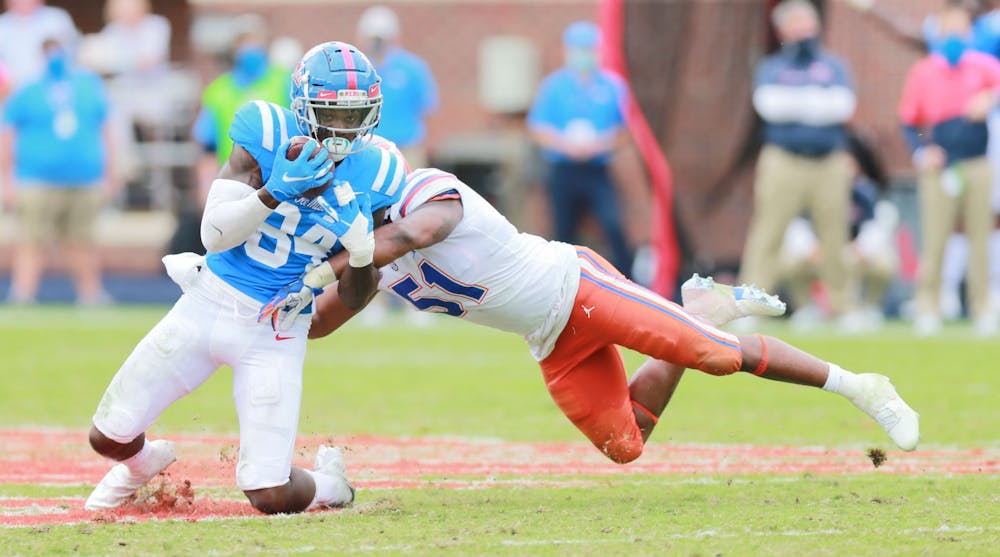 <p>Ole Miss receiver Kenny Yeboah finished the game with four catches for 81 yards and a touchdown against Florida Saturday. Photo via SEC Media Portal.&nbsp;</p>