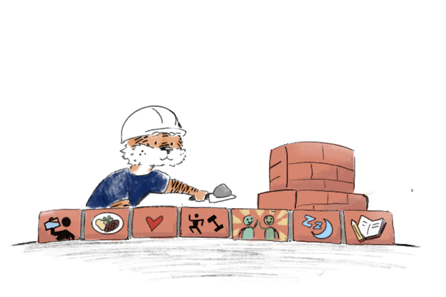 A tiger working with iconed bricks.