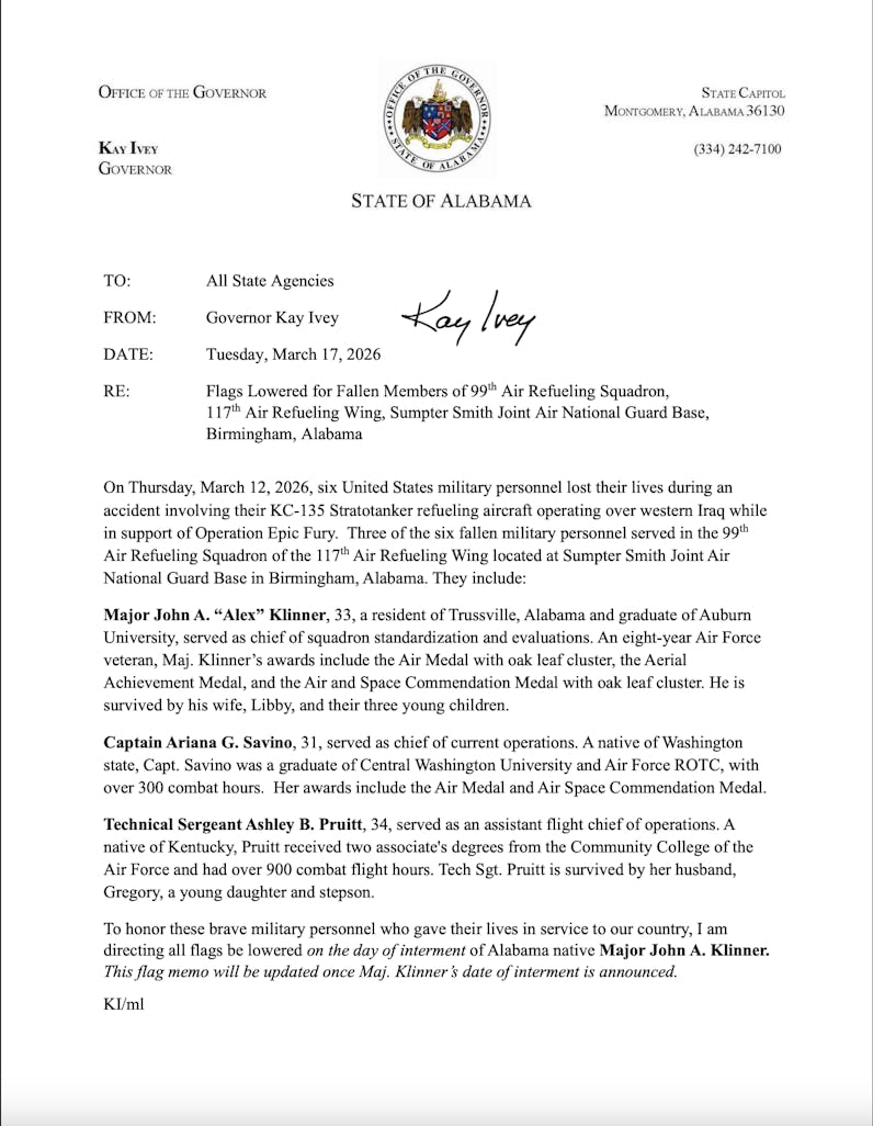 Ivey's Directive sent on March 17, 2026.