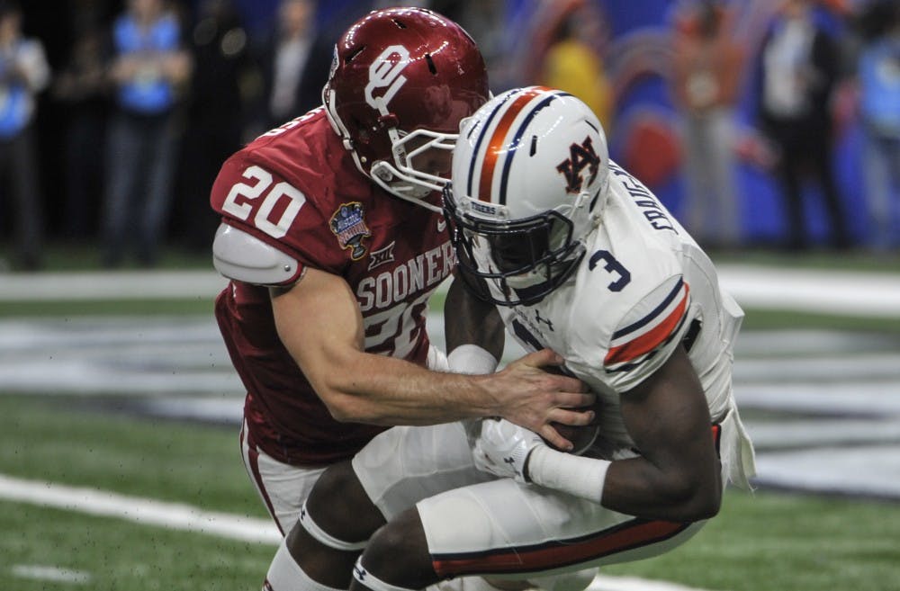<p>Nate Craig-Myers (3) gets tackled by an Oklahoma defender during the second half of the Allstate Sugar Bowl, Monday, Jan. 2, 2017, in New Orleans, LA. </p>