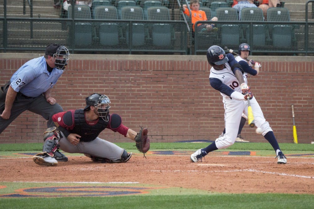 Anfernee Grier strikes out during the second game of the three game series against Alabama. Grier went 0-for-5 and struck out four times. (Jordan Hays | Copy Editor)