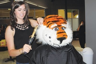 Miss Auburn University Rebecca Hart, junior in communication disorders, styles Aubie's whiskers. (Christen Harned / Assistant PHOTO EDITOR)