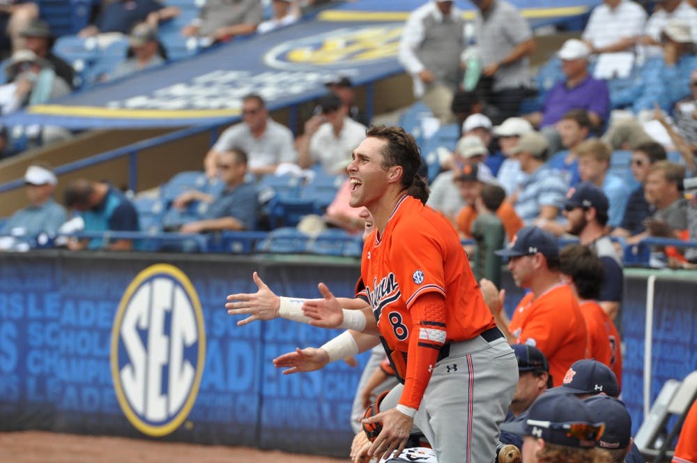 Brendon Venter&nbsp;celebrates during Auburn Baseball vs. Ole Miss on Tuesday,May. 23, 2018 in Hoover, Ala.