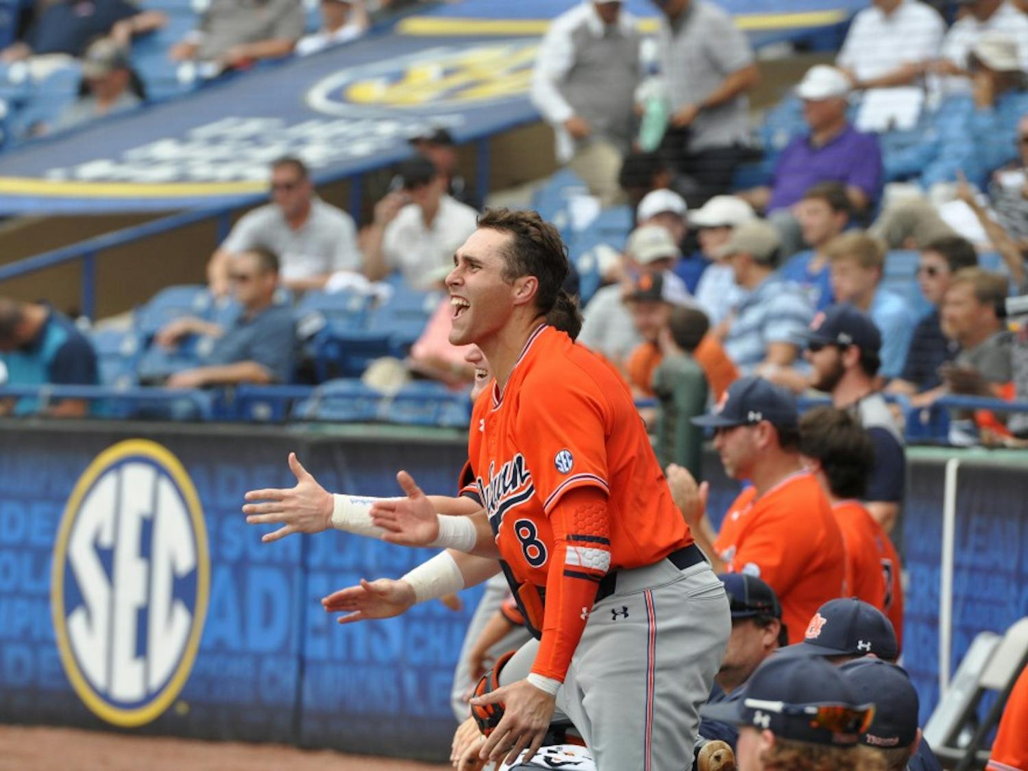 Brendon Venter celebrates during Auburn Baseball vs. Ole Miss on Tuesday,May. 23, 2018 in Hoover, Ala.
