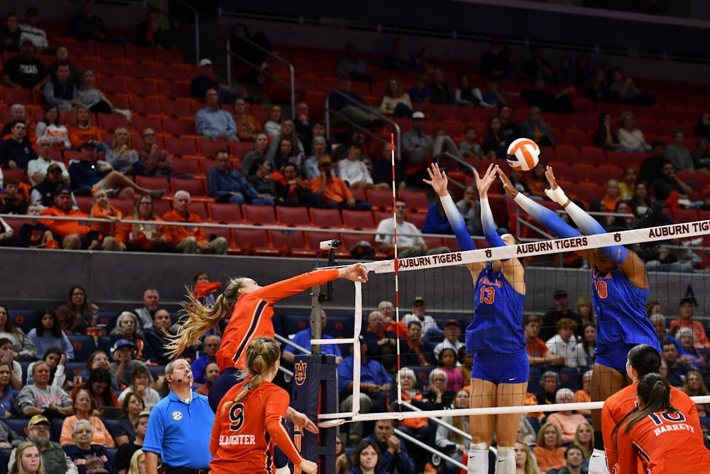 <p>Auburn volleyball team plays volleyball against Florida at the Neville Arena on Oct. 26, 2022. &nbsp;&nbsp;</p>