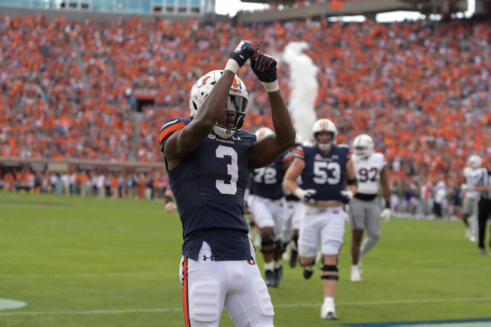 Koy Moore (#0) celebrating a touchdown in Auburn's game against Mississippi State on October 28, 2023. 