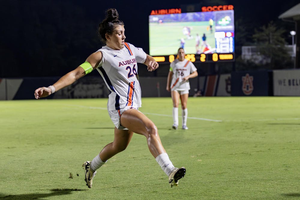 Erin Flurey (#26) makes a defensive play during the soccer game versus Texas A&M at the Auburn Soccer Complex on Sept. 18, 2025.


