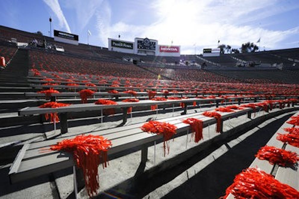 Shakers line the stands of the Auburn student section of the Rose Bowl before the game.
Zach Bland / Photographer