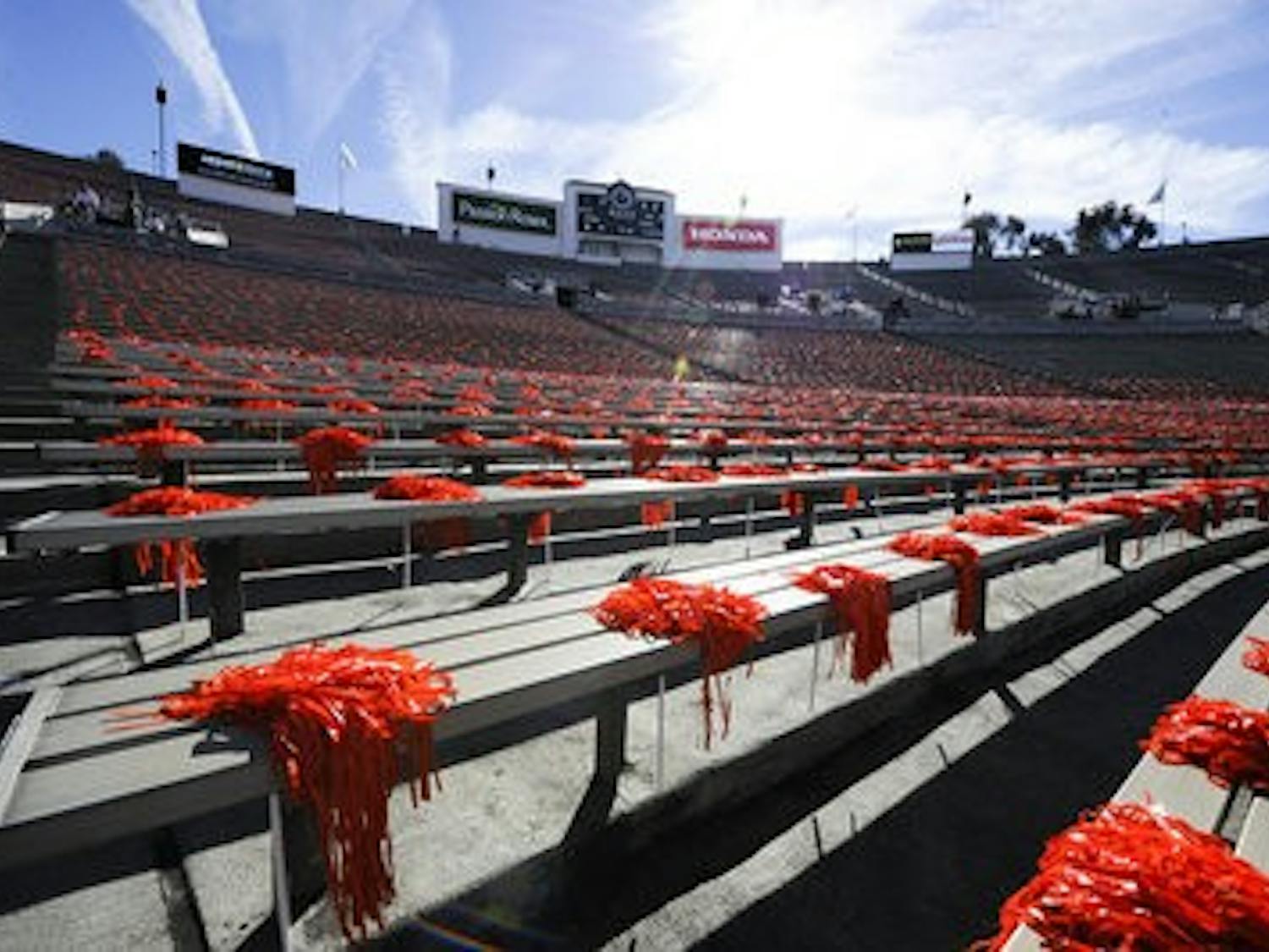 Shakers line the stands of the Auburn student section of the Rose Bowl before the game.
Zach Bland / Photographer