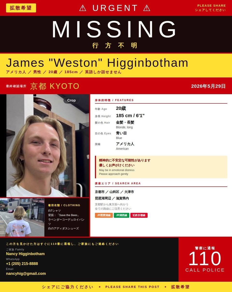 A missing person notice features a young man with long blonde hair, blue eyes, and details about his height, age, and last seen location.