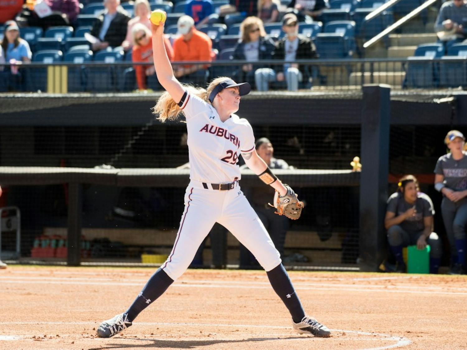 Makayla Martin pitches during Auburn softball vs. Western Illinois on Sunday, Mar. 4, 2018, in Auburn, Ala.