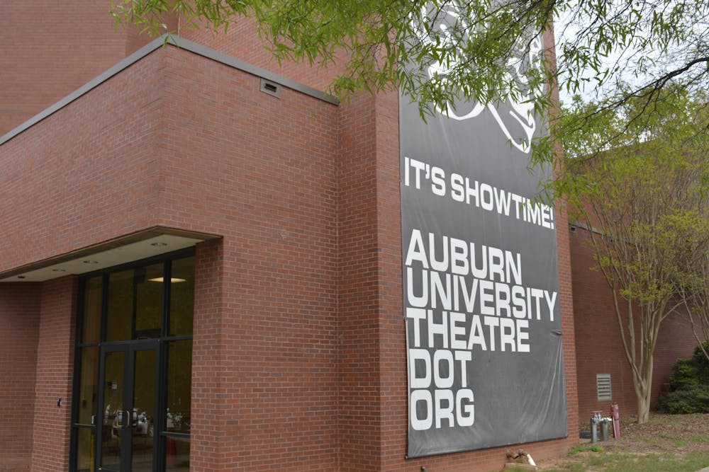 <p>A banner promoting the Department of Theatre is displayed on Telfair Peet Theatre at Auburn University on Mar. 31, 2020, in Auburn, Ala.</p>