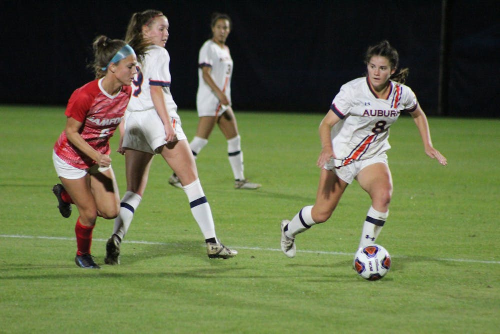 <p>Nov. 12, 2021; Mallory Mooney (8) goes to make a play during the NCAA Tournament First Round match against Samford from the Auburn Soccer Complex in Auburn, Ala.</p>