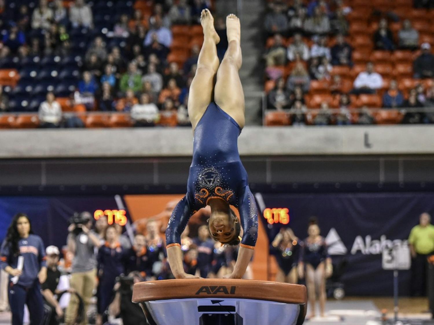 A'Miracal Phillips performs on vault during Auburn vs Arkansas gymnastics on Friday, Feb. 3, 2017, in Auburn, Ala.