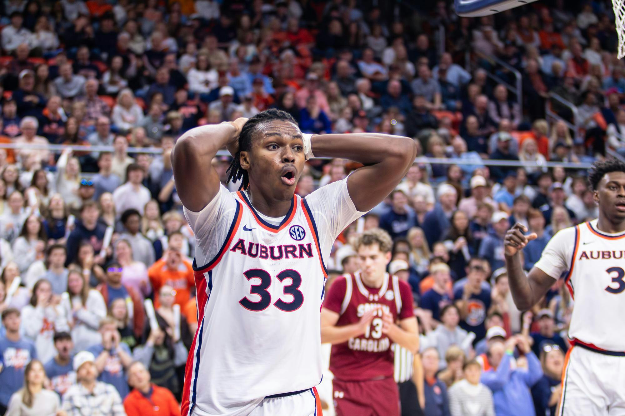 Sebastian Williams-Adams reacts to a call from the referee during the game against South Carolina on Jan. 17, 2026 in Neville Arena in Auburn, Ala. 