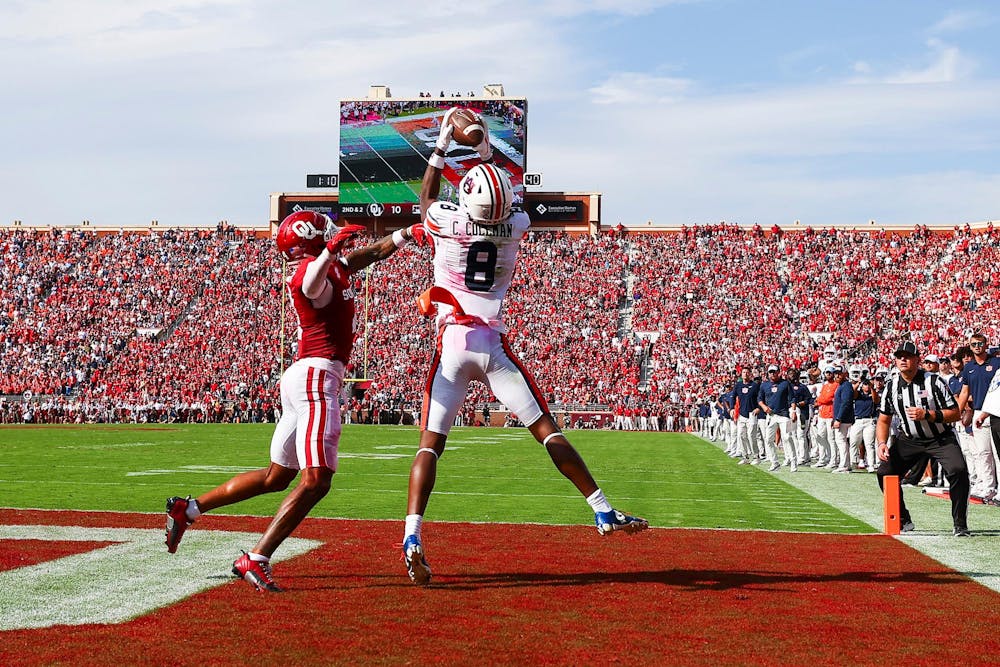 NORMAN, OK - SEPTEMBER 20 - Auburn wide receiver Cam Coleman (8) during the game between the #22 Auburn Tigers and the #11 Oklahoma Sooners at Gaylord Family-Oklahoma Memorial Stadium in Norman, OK on Saturday, Sept. 20, 2025.

Photo by Zach Bland/Auburn Tigers
