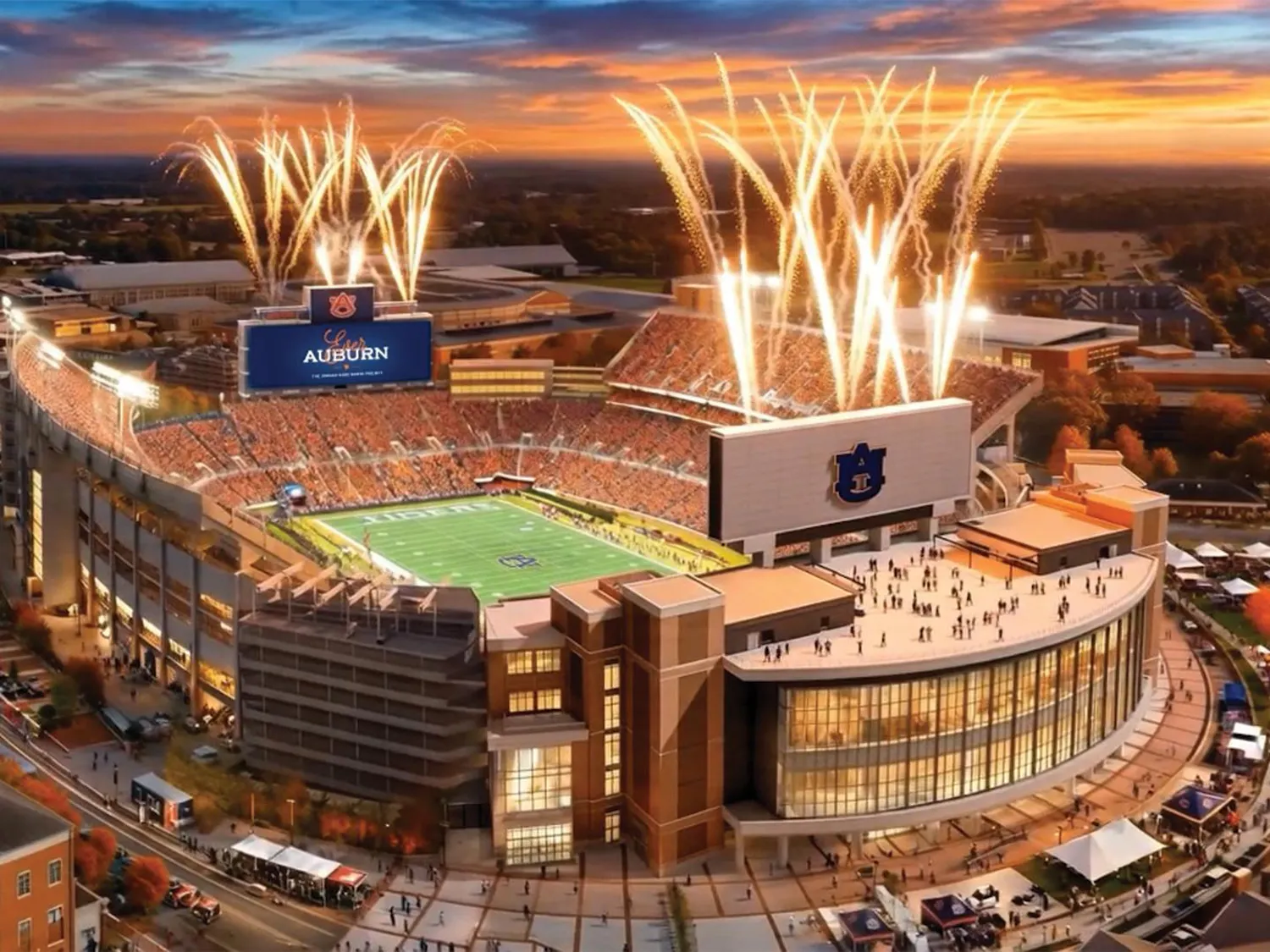 A large stadium filled with people celebrates with fireworks above, surrounded by an urban landscape at sunset.