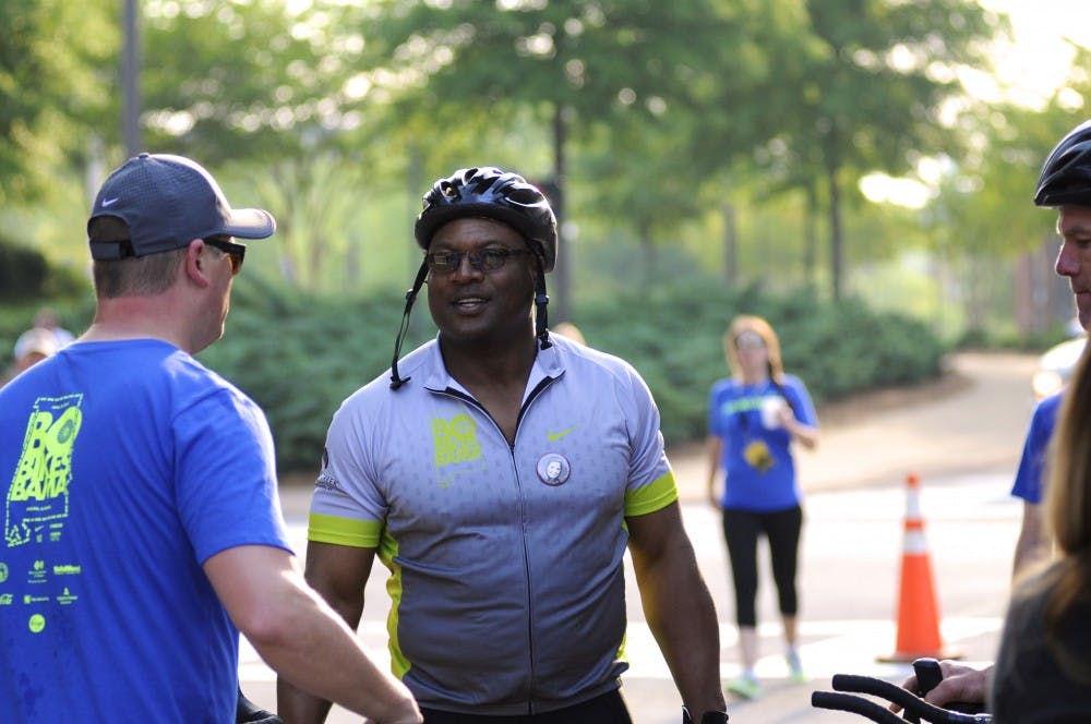 Bo Jackson prepares to give a speech during Bo Bikes Bama 2017 on Saturday, April 29, 2017 in Auburn, Ala.