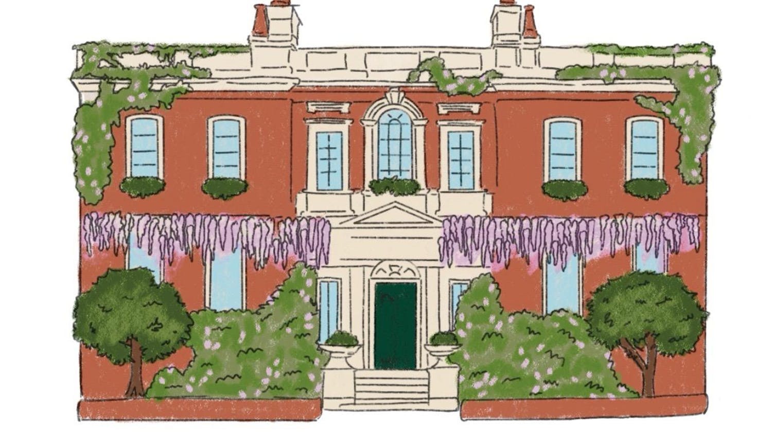 A two-story red brick house is surrounded by lush green plants and wisteria flowers, featuring decorative windows and a central doorway.